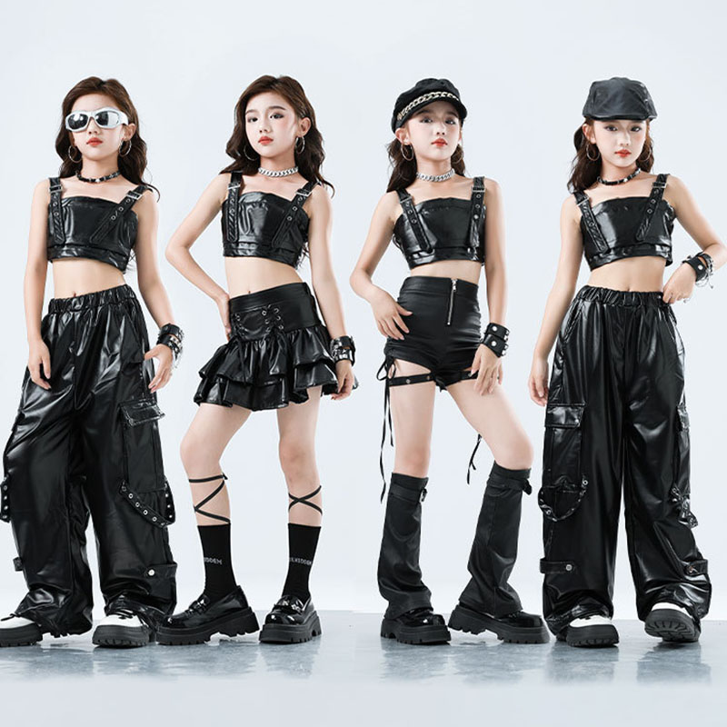 Suspender Tank Top - 키즈 K팝 힙합 의류 블랙 인조