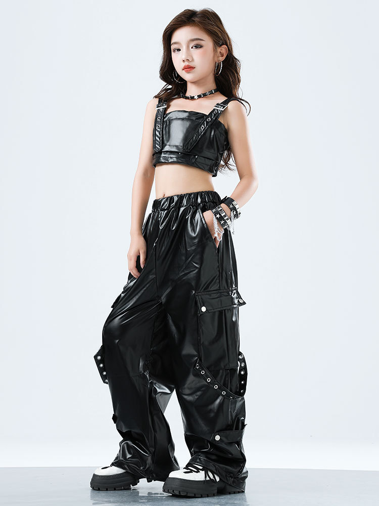 키즈 K팝 힙합 의류 블랙 인조 가죽 크롭 탱크탑 레이 - Suspender Tank Top 리뷰 및 가격