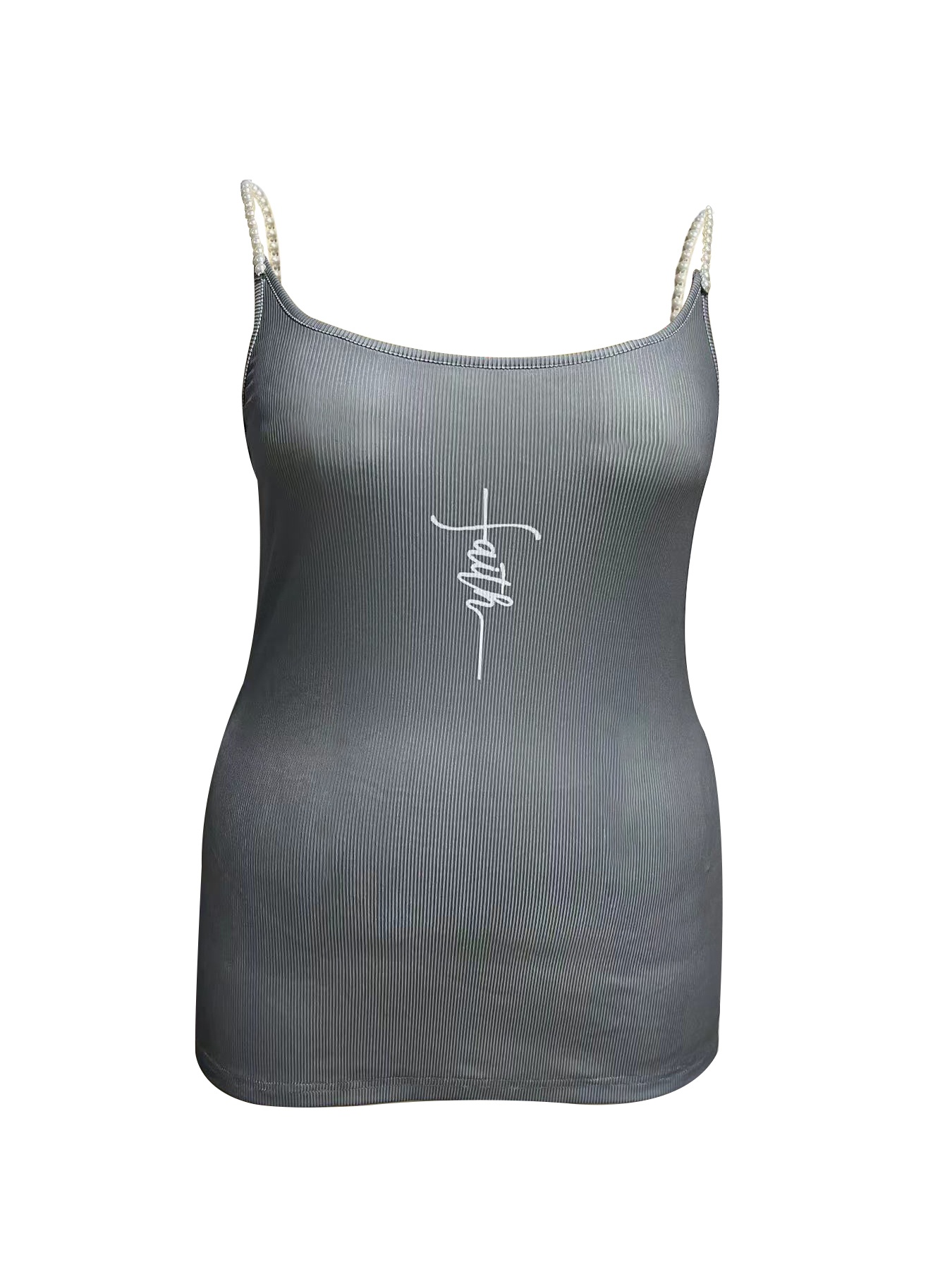 플러스 사이즈 스퀘어 넥 펄 스트랩 리브드 레터 프린트 - Tank Top Ribbed 리뷰 및 가격